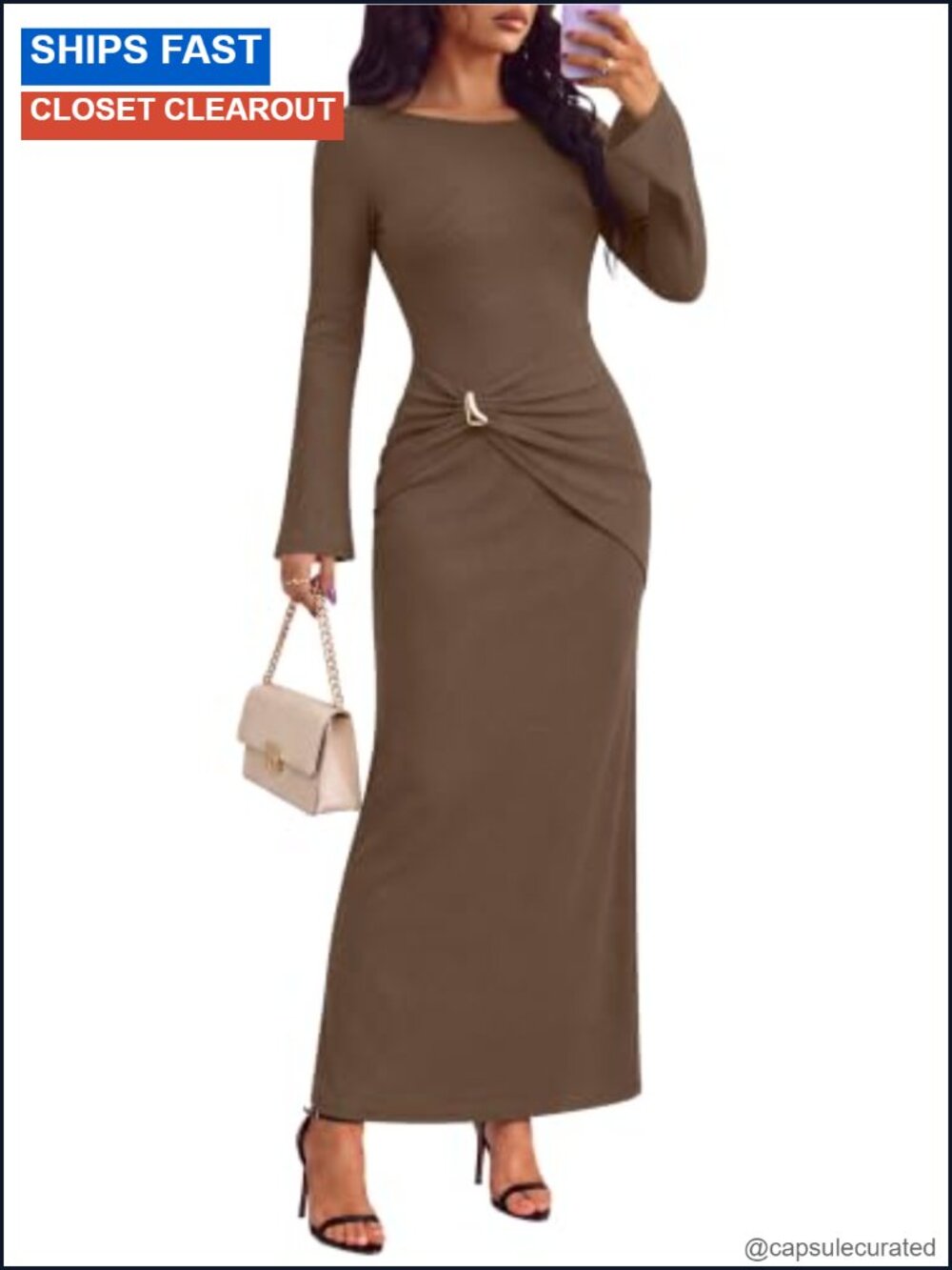 Slim Fit Bodycon Maxi Dress Boat Neck Ruched Waist Wedding Guest Fall